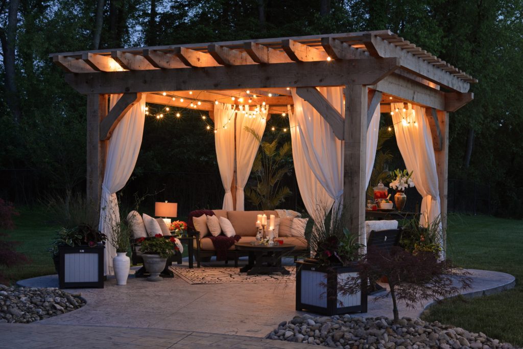 Gazebo with flowy curtains and lights - sell your house